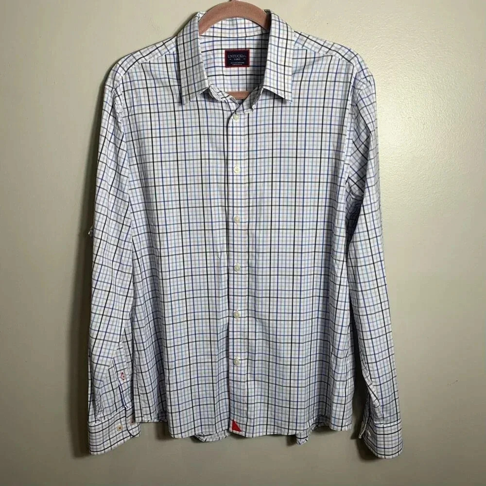 UNTUCKit Dress Shirt Mens Large Blue Gray Check Plaid Performance Button Up